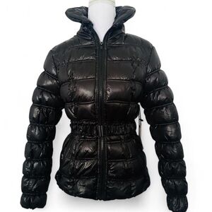 Women’s Black Puffer Jacket with Cinched Waist w Removable Belt